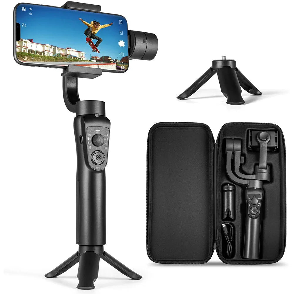 Black three-axis mobile phone gimbal stabilizer with hard case and tripod accessory