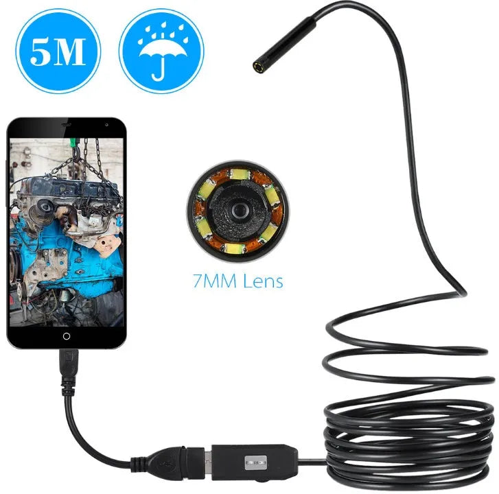 OWSOO USB endoscope camera with 7mm lens, 5m waterproof cable, and retrieval attachments for phone and computer inspection
