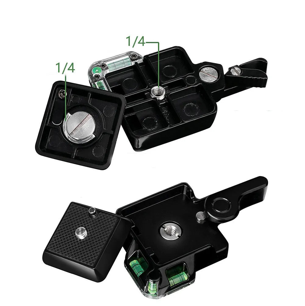 Black quick release tripod mount adapter with metal plate and base for cameras and iPhones