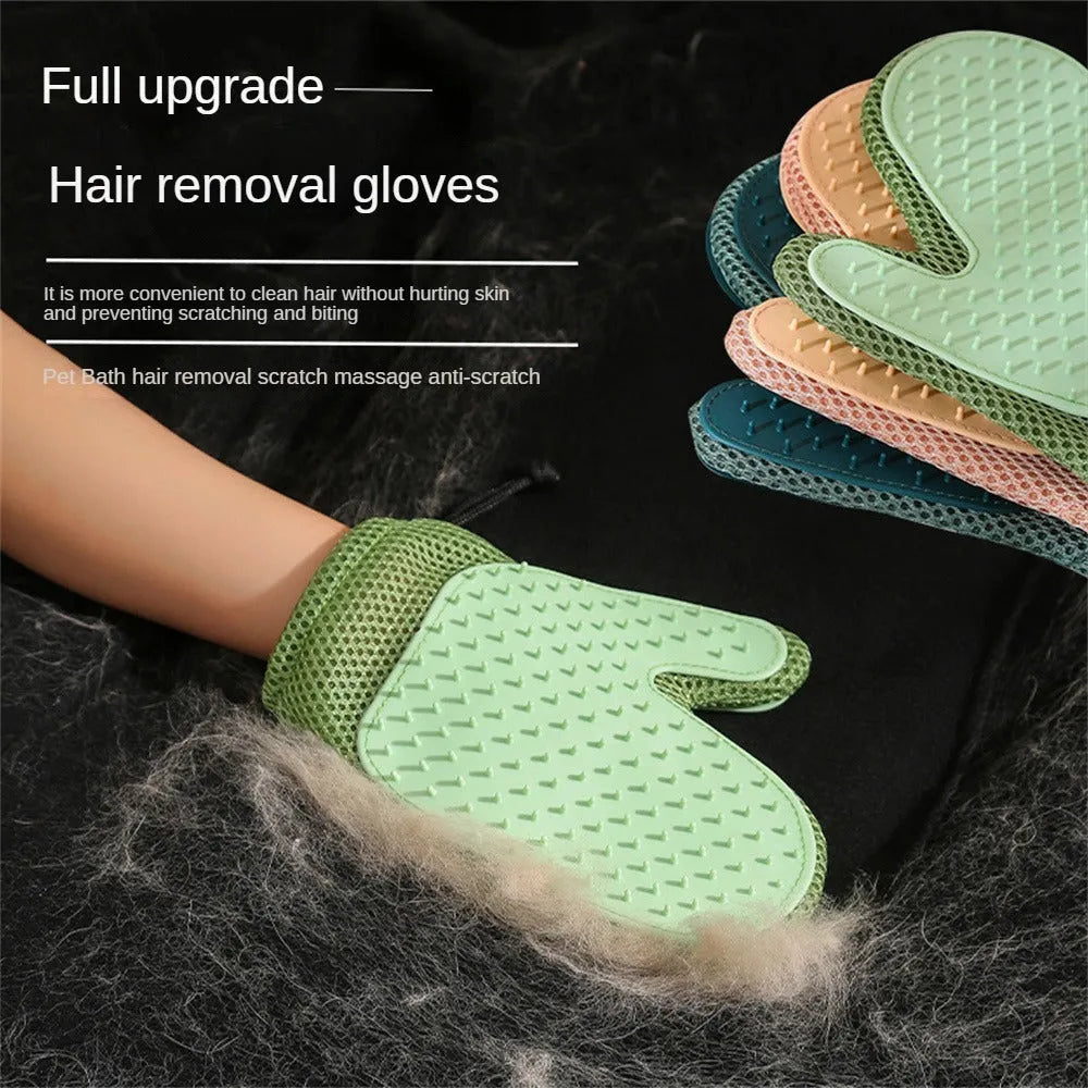 Pet grooming glove for cat and dog hair removal with mesh TPR material in dark blue, light green, or yellow