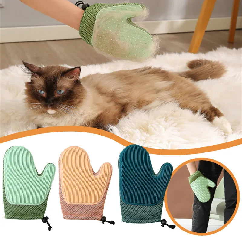 Pet grooming glove for cat and dog hair removal with mesh TPR material in dark blue, light green, or yellow