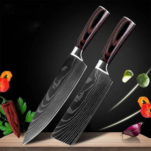 7Cr17 stainless steel kitchen knife with Damascus pattern blade and coloured wood handle on a cutting board.