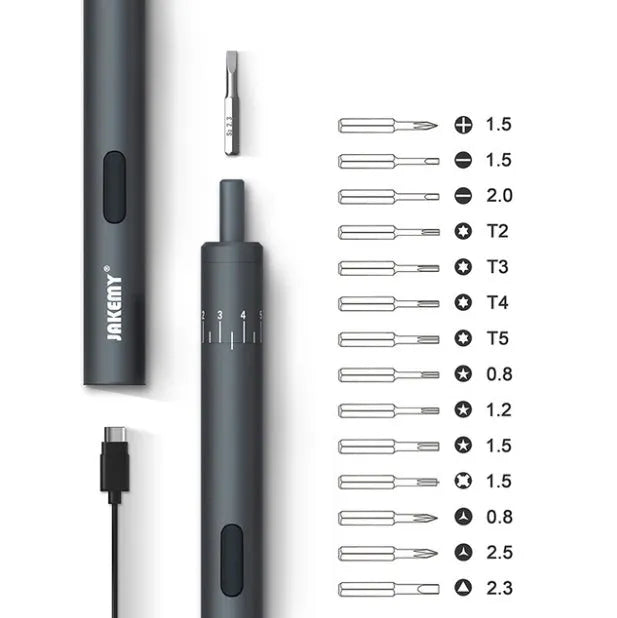 Black pen-type mini electric screwdriver with aluminium alloy body and micro USB charging port