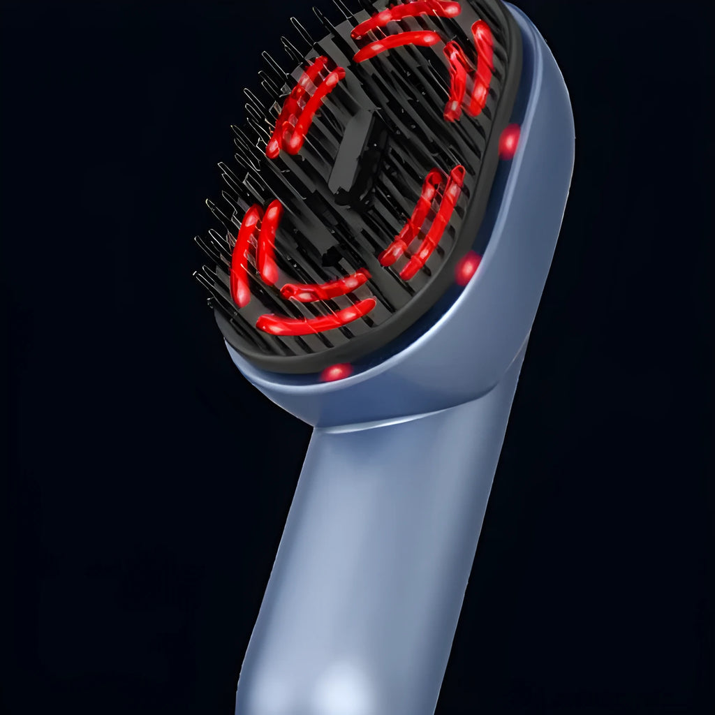 Atomised massage comb with three-speed vibration settings and USB Type-C charging port for scalp tension relief.