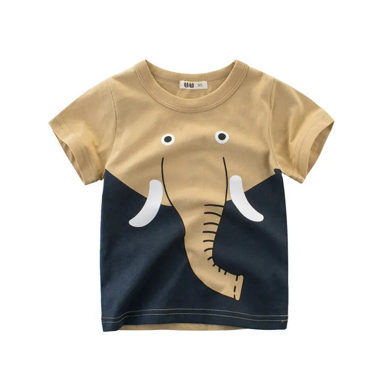 Children's cotton T-shirt with cool animal graphic print, short sleeves, available in Green lion, Grey giraffe, and Khaki Elephant designs.