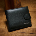 Black PU leather bifold wallet with buckle closure, multiple card slots, and coin pocket on white background