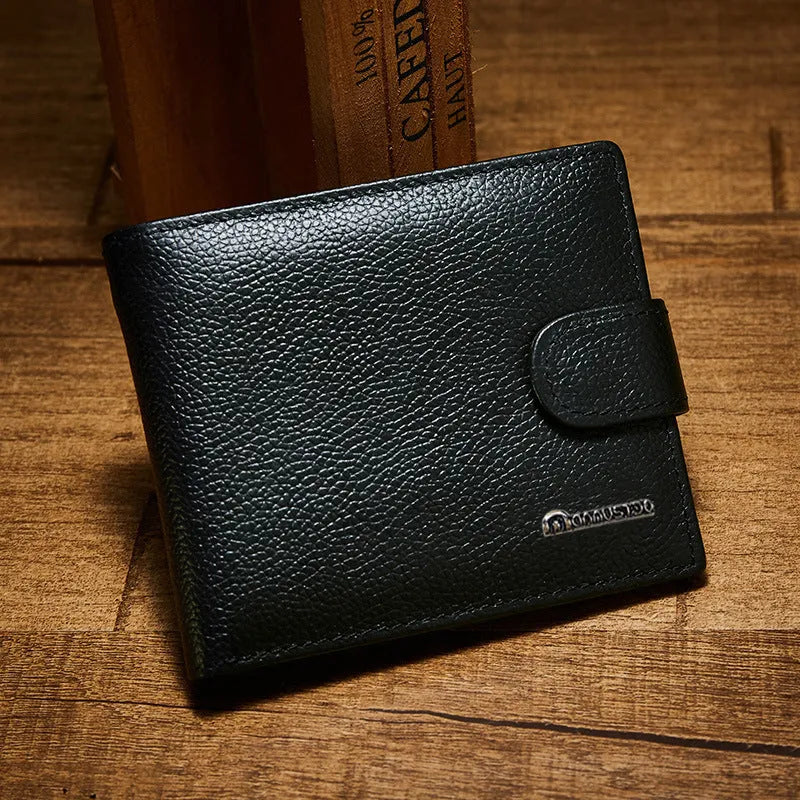 Black PU leather bifold wallet with buckle closure, multiple card slots, and coin pocket on white background