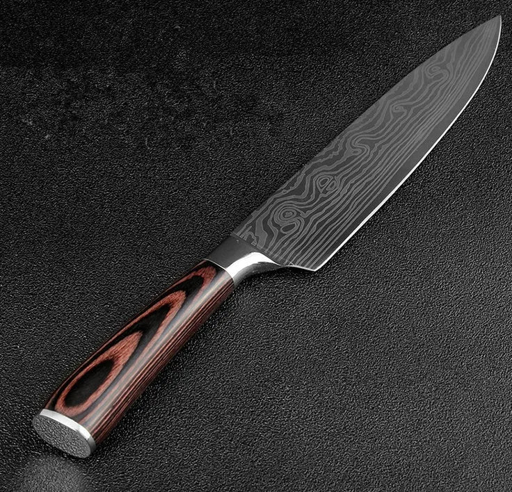 7Cr17 stainless steel kitchen knife with Damascus pattern blade and coloured wood handle on a cutting board.
