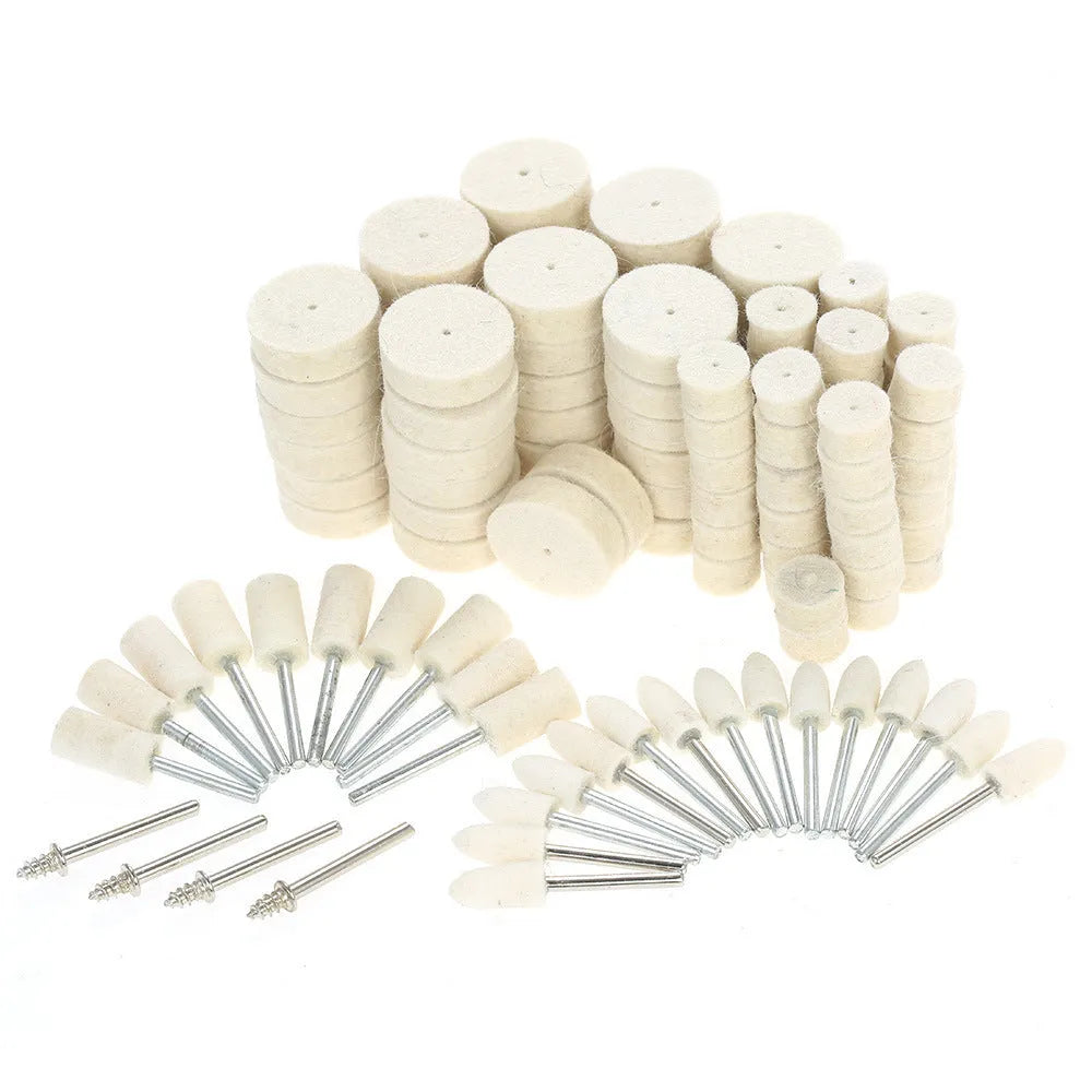 129-piece polishing wheel accessories set with white wool pads and iron shanks for rotary tool use