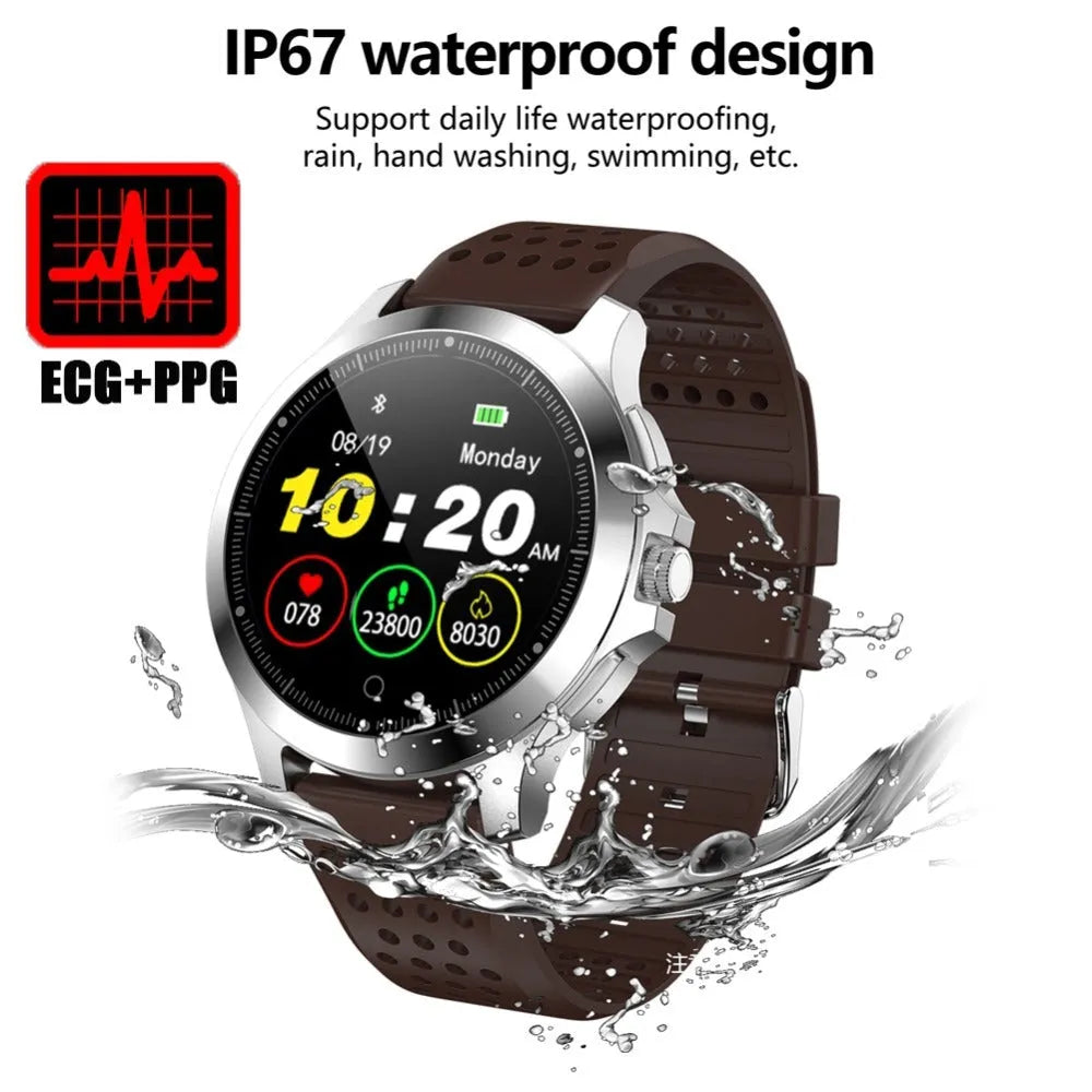 W8 ECG smart health monitoring bracelet with stainless steel body and black TPU strap on a wrist.