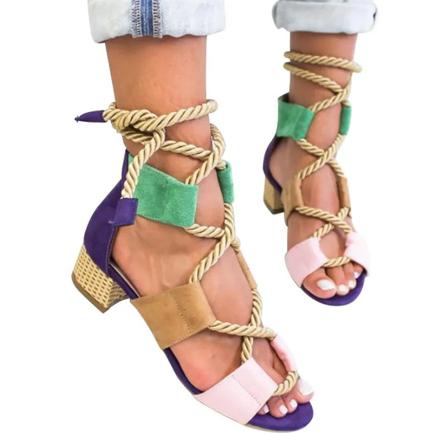Women's beige suede fashion sandals with front strap, ankle strap, fish mouth toe, and a thick middle heel.