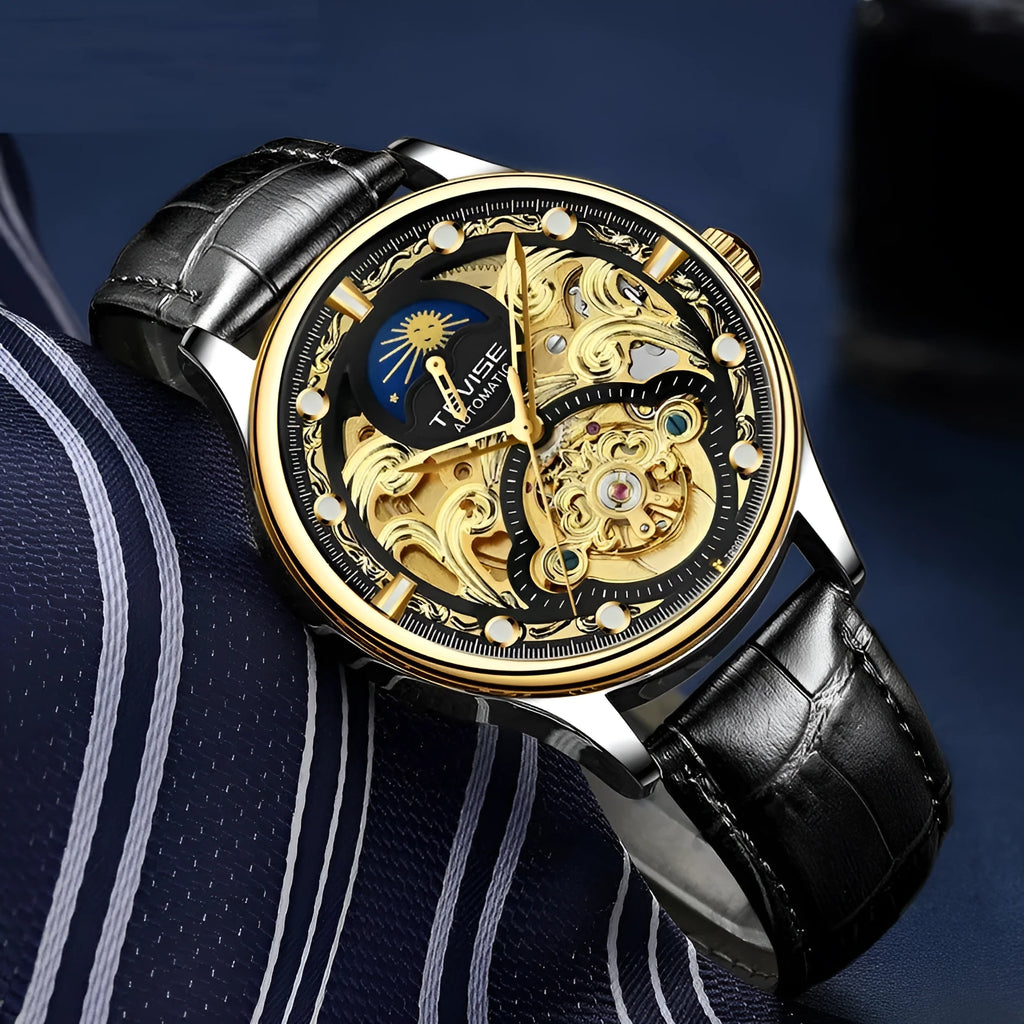 Men's gold and white leather strap automatic waterproof mechanical watch