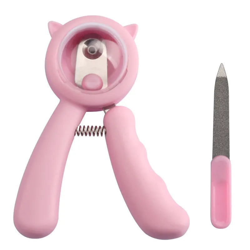 Blue and pink professional stainless steel nail clippers for pet dog and cat claw grooming.