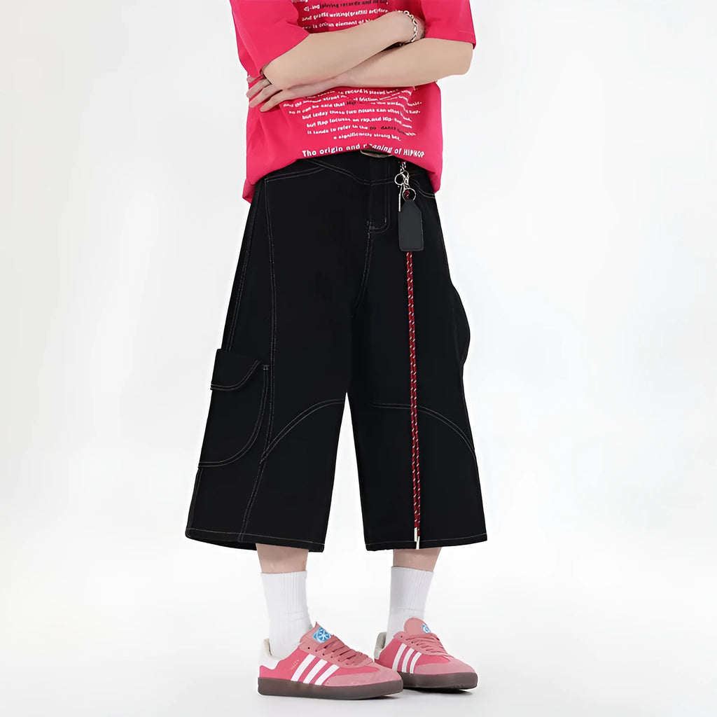 Women's retro multi-pocket denim shorts in wide leg cropped style