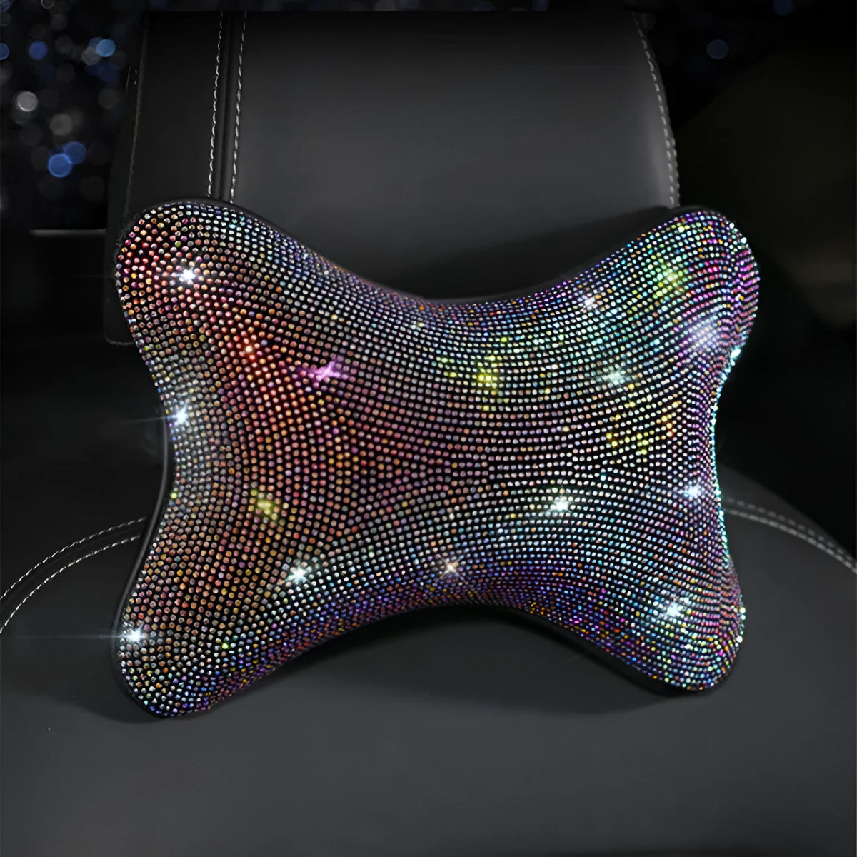 Four piece car interior accessory set with rhinestone crystals, including steering wheel, gear shift, handbrake and seat belt covers