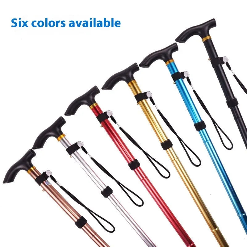 Aluminium alloy folding walking stick adjusted to mid-height, showing non-slip handle.