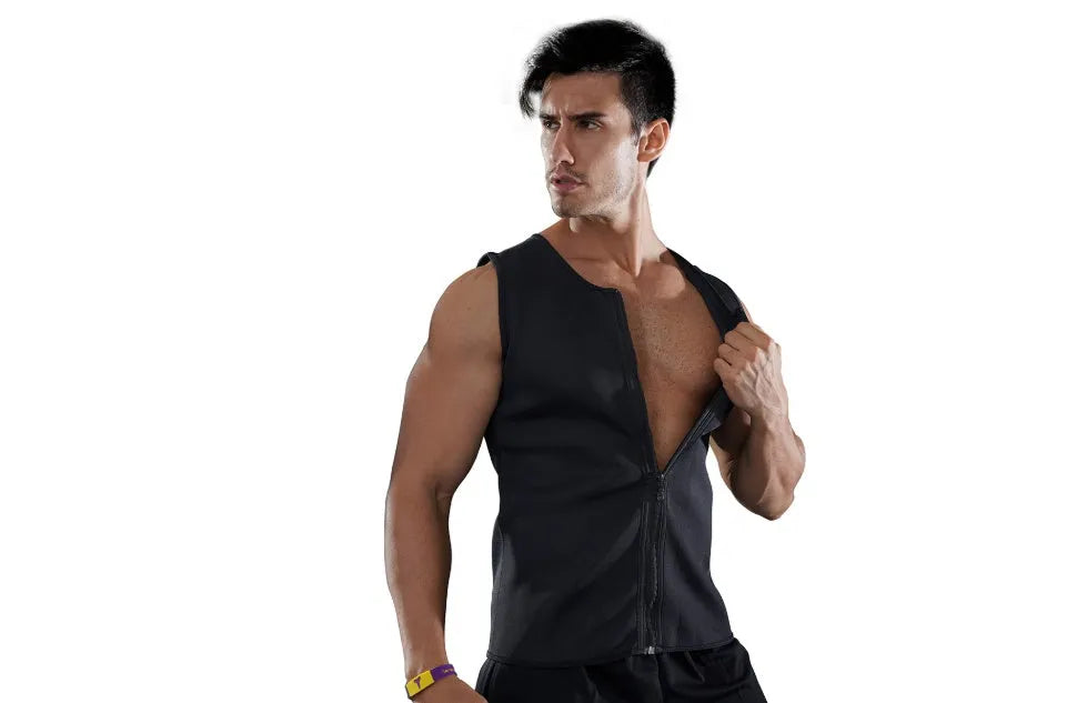 Black fitness sweat zipper vest with full zip front, chlorofibre nylon blend