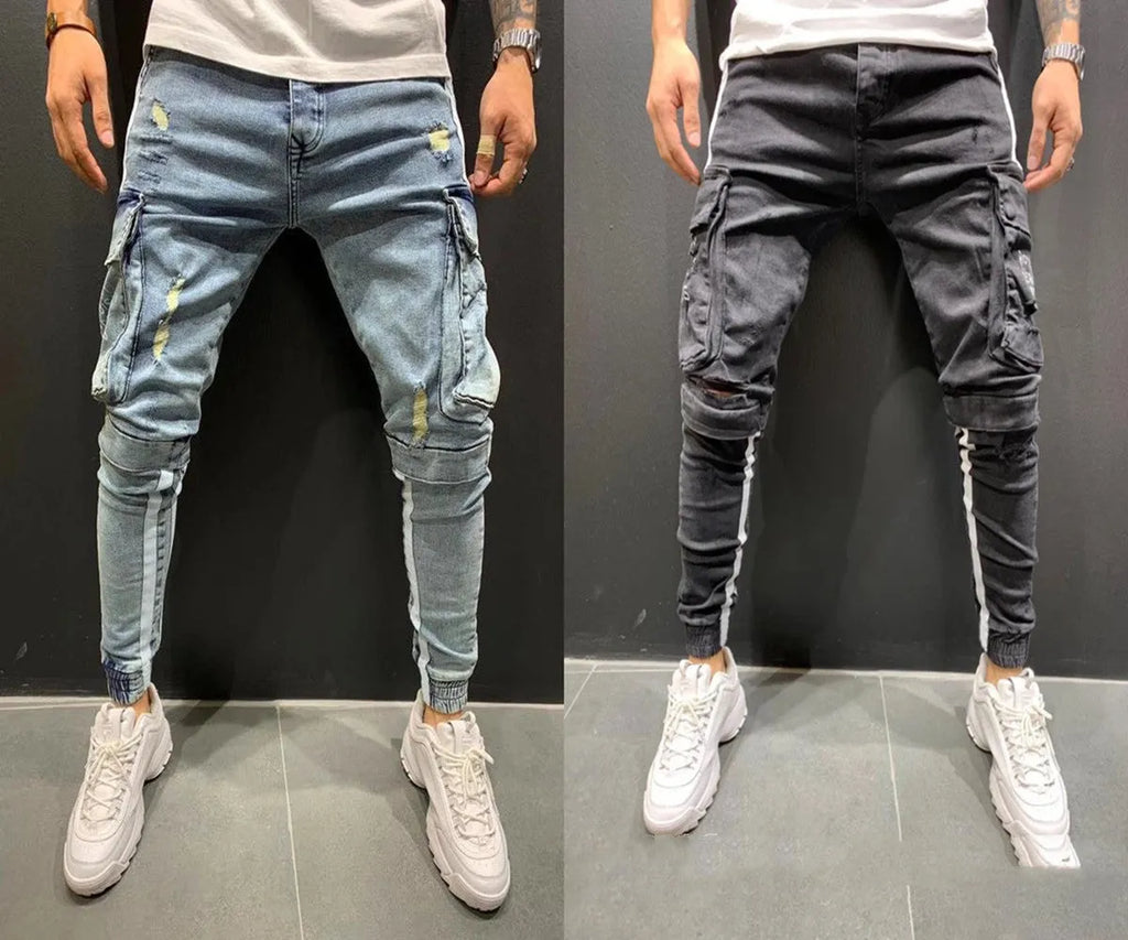 Men's knee-cut denim trousers with zip fly placket, 80% cotton, black or light blue, sizes S to 3XL.