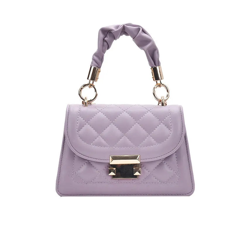 Korean-style small square shoulder bag in purple with chain detail and soft PU construction