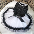 Black spring summer dog clothing in vinylon, sizes XS to L, with bust and back length size chart