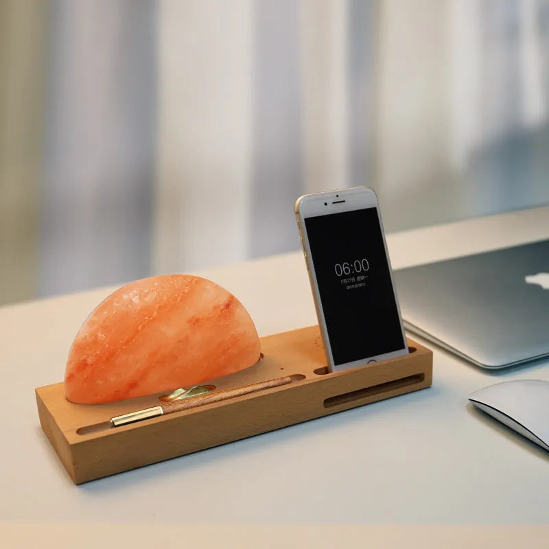 Sunrise Oriental wooden base table lamp with natural salt block shade and wireless phone charging
