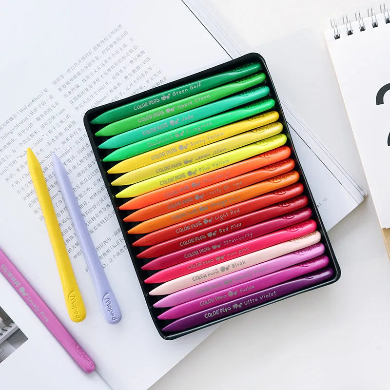 Boxed set of 24 colour plastic crayons, each 128mm long, in a carton pack for basic supplies.