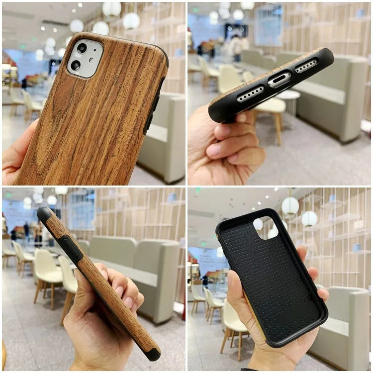 Wooden iPhone back cover case shown in rosewood, teak, black rose, and walnut colour options.