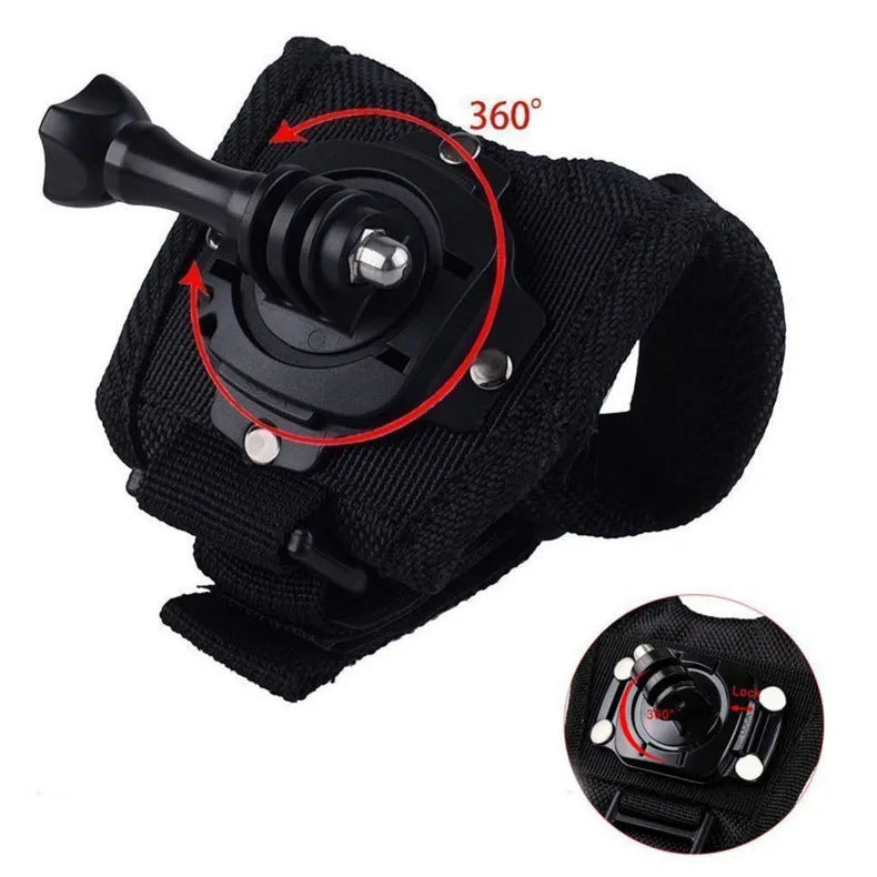 GoPro action camera mounted on black 360-degree rotating wrist strap with back cushion