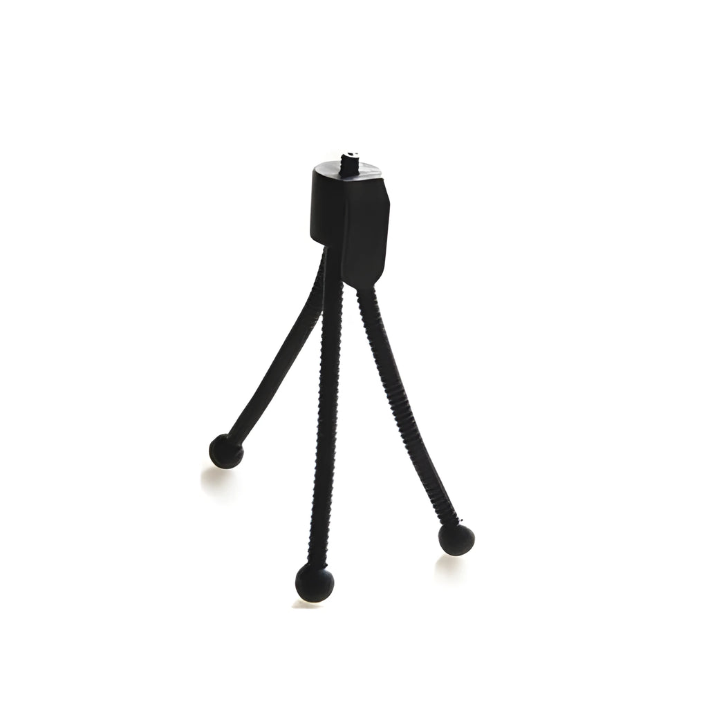 Small black iron frame mini tripod with folded legs and a ball head, shown next to a smartphone.
