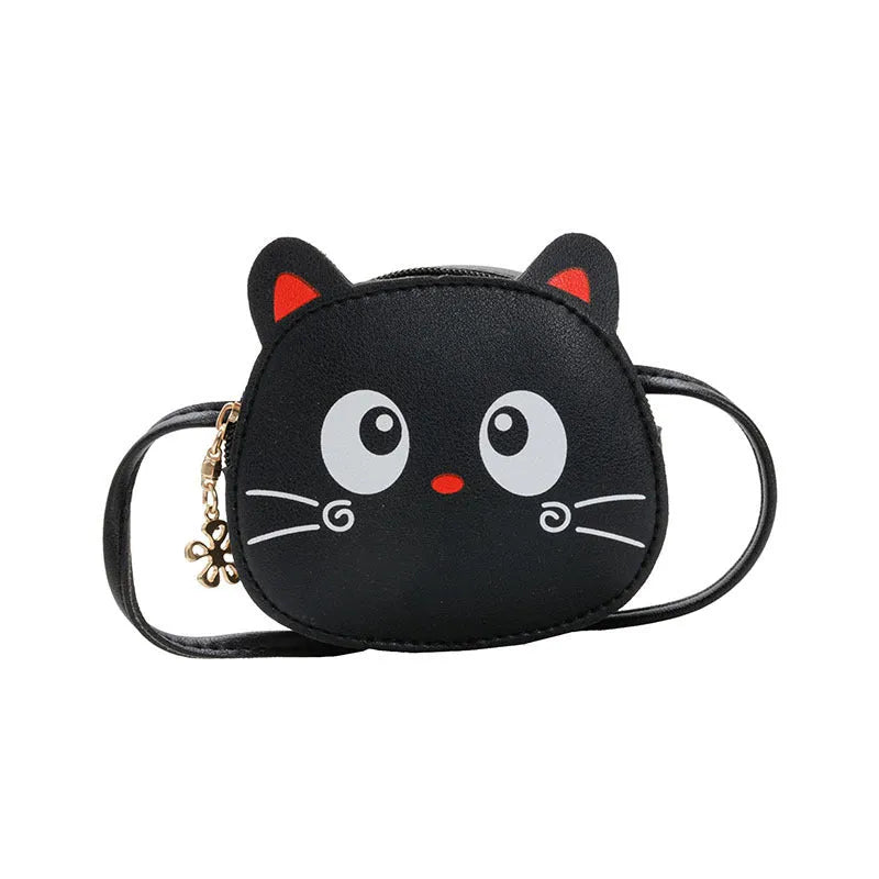 Cartoon cute children's messenger bag in soft PU leather, small size, zipper closure, available in black