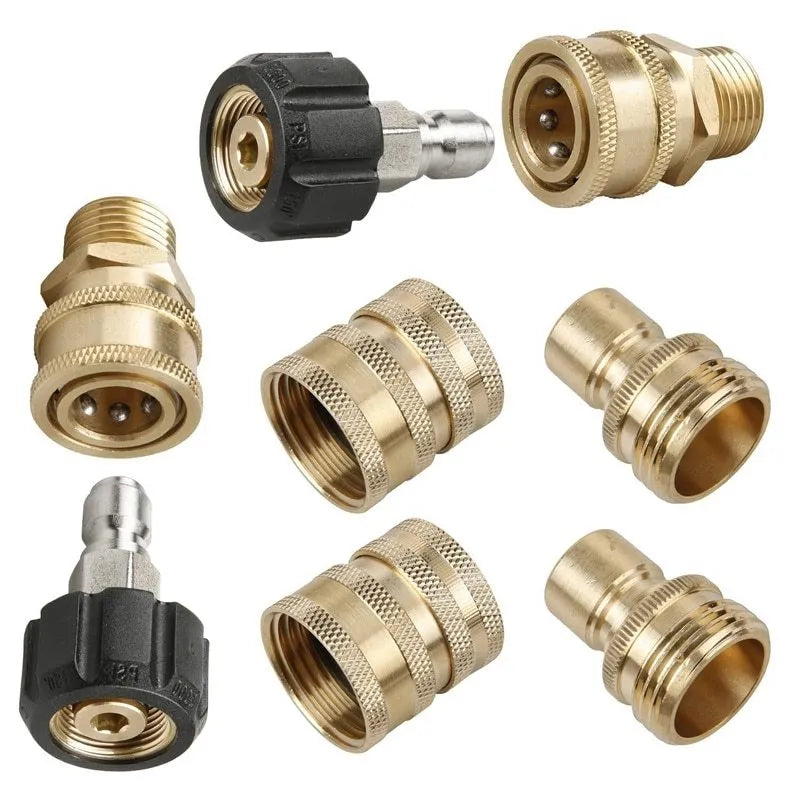 High pressure car wash water gun quick connector adapter kit in black and copper, with M22 and 3/8 inch fittings