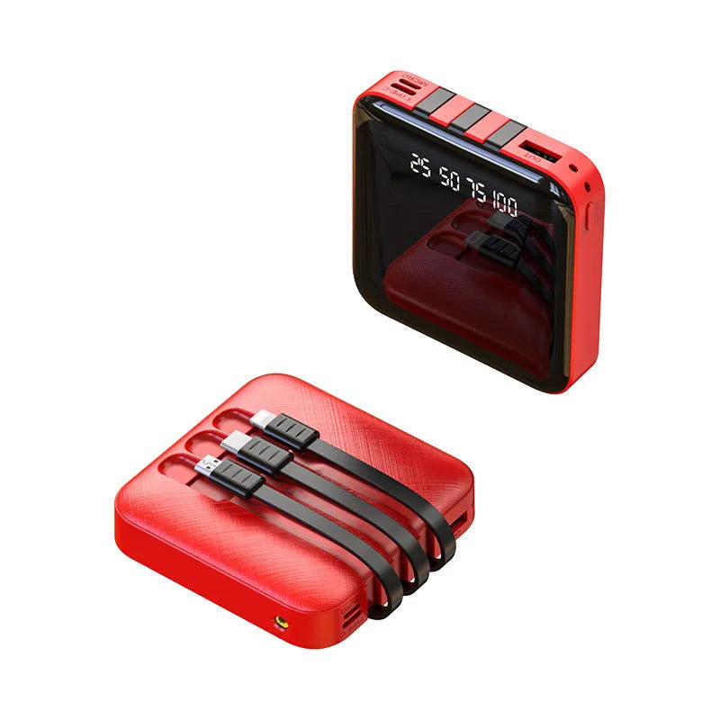 Black and red power banks with data cables showing 10000mAh capacity and 80x80x23mm dimensions