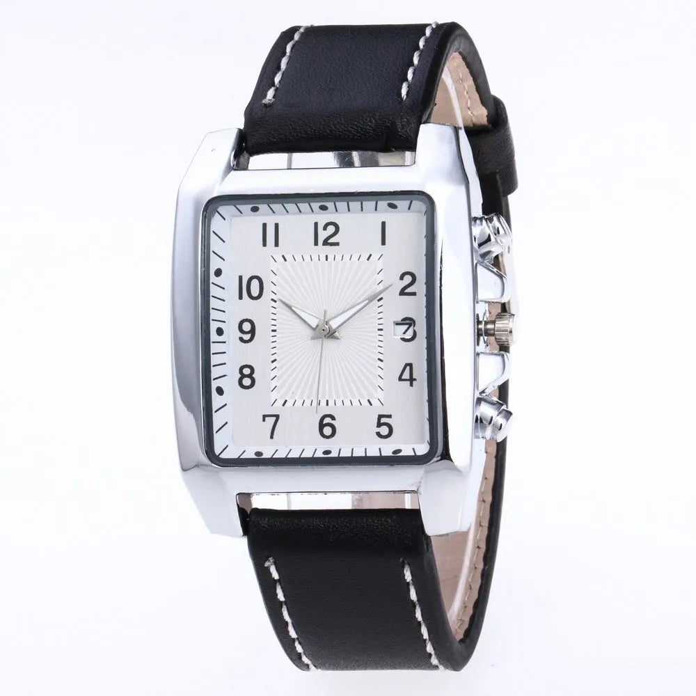 Men's quartz wristwatch with metal case, leather band, and analogue dial in black brown colour