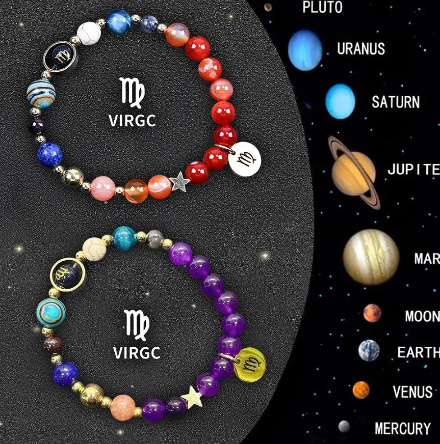 Two natural stone beaded bracelets on elastic string showing zodiac sign beads