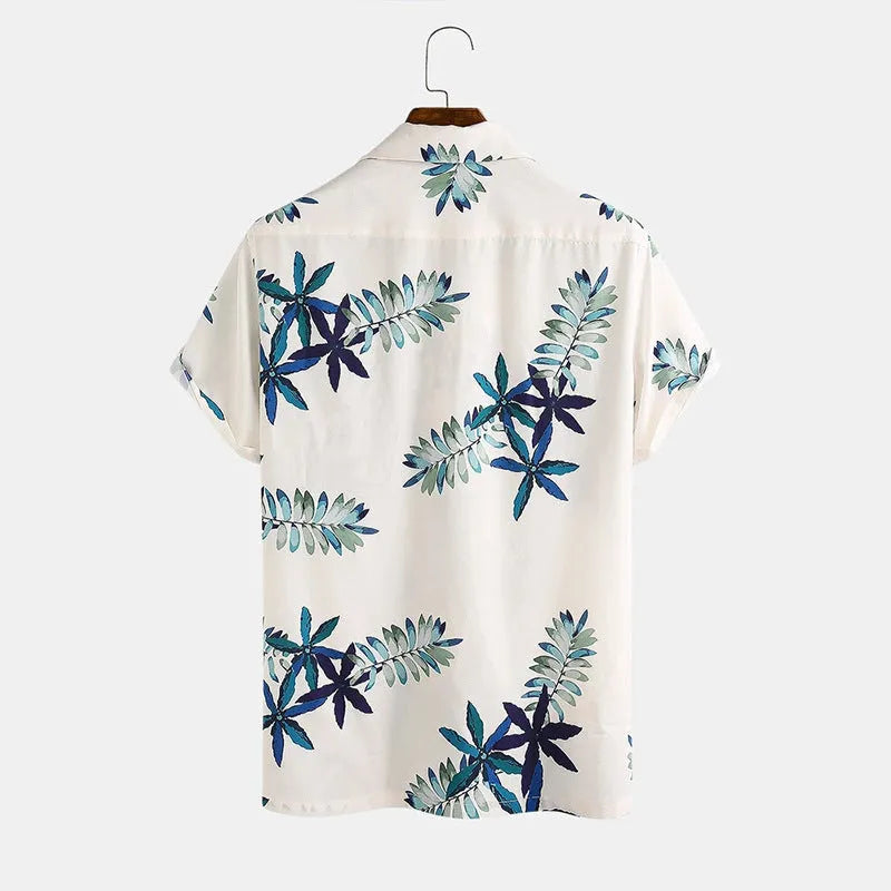Casual printed shirt in white with lapel collar and short sleeves, loose fit cotton blend fabric