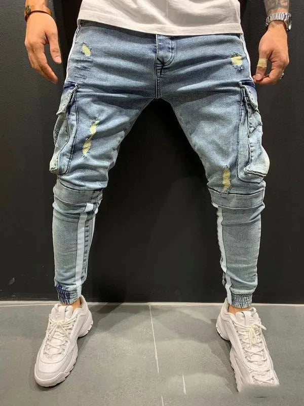 Men's knee-cut denim trousers with zip fly placket, 80% cotton, black or light blue, sizes S to 3XL.