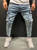 Men's knee-cut denim trousers with zip fly placket, 80% cotton, black or light blue, sizes S to 3XL.