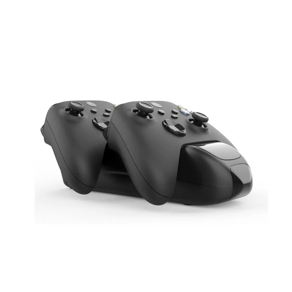 Black wireless dual charging dock for Xbox Series X/S controllers with LED lights.