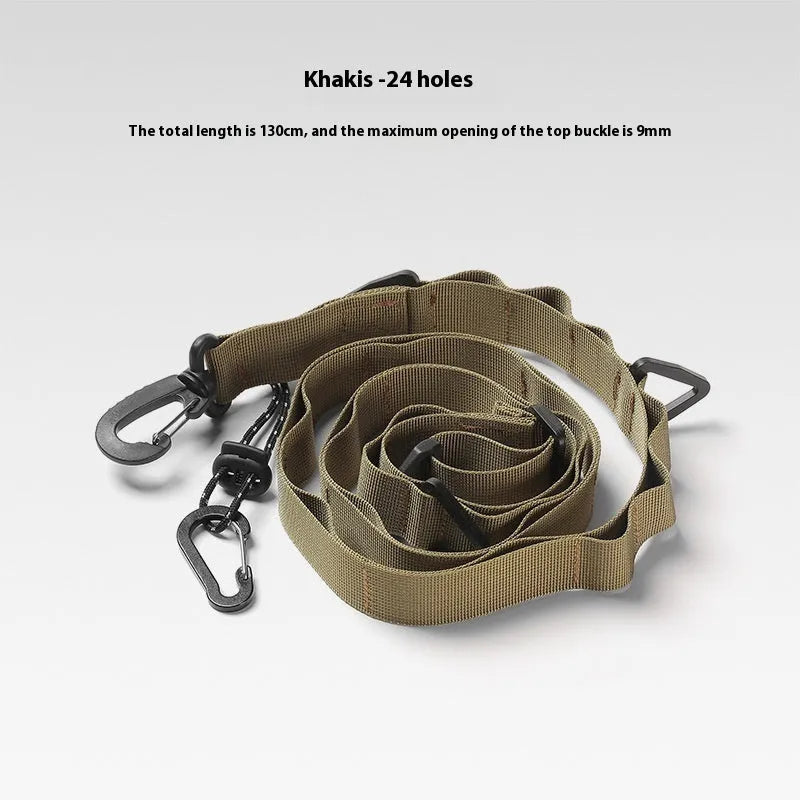 Black 130cm long woven rope hanging strap shown coiled, for use as a clothesline or storage belt.