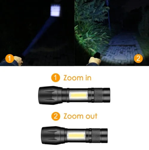 Black aluminium alloy telescopic LED flashlight with pocket clip showing extended and retracted positions