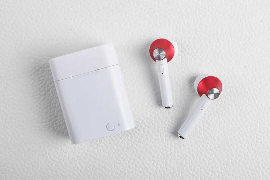 Wireless sports Bluetooth earbuds showing multiple colour options with 10-metre range