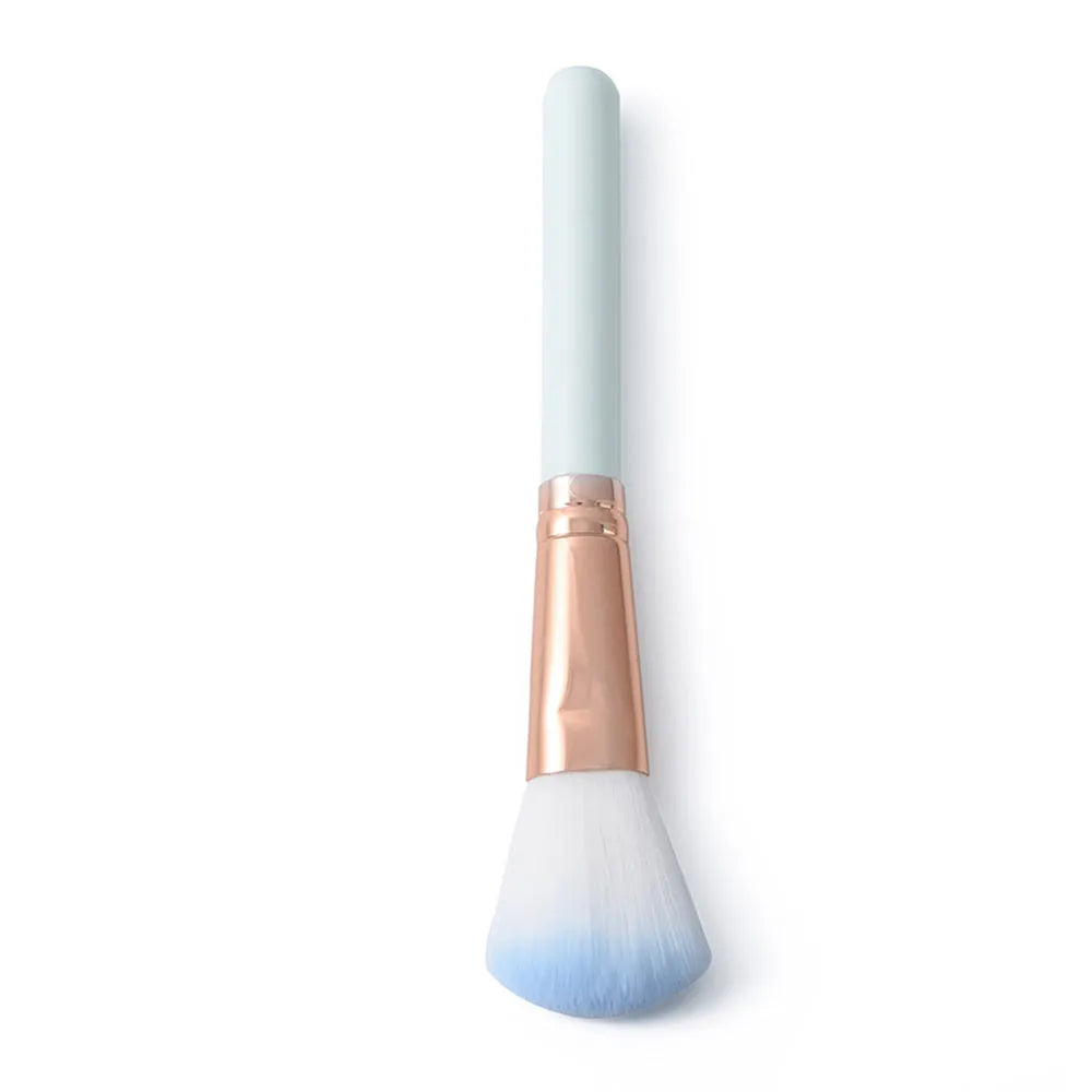 Five mini makeup brushes with short plastic handles, man-made fibre bristles, 8.5cm total length, blue and pink colours