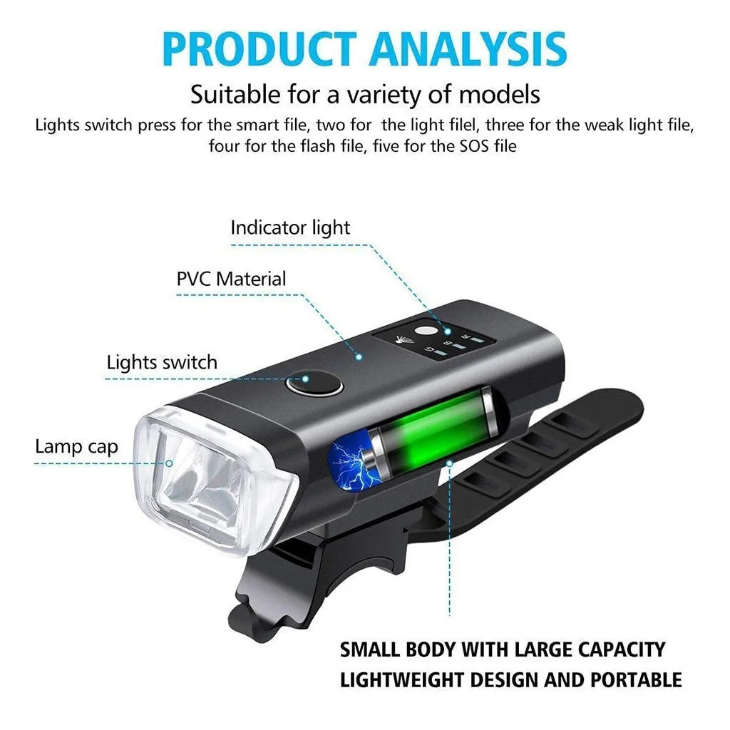 Black bicycle front light with 350 lumens and light sensor mode