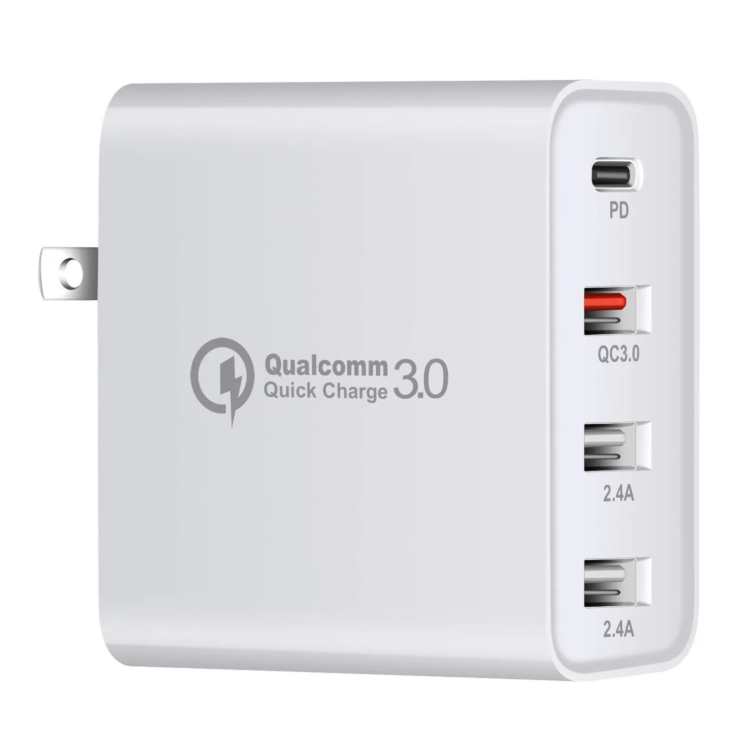 Black 48W PD wall charger with four USB-C ports and a UK plug.