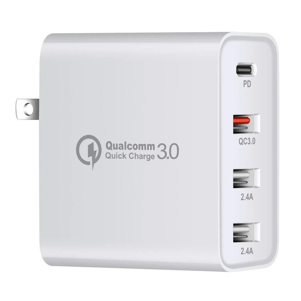 Black and white 48W four-port USB-C wall charger with LED light and regional plug.