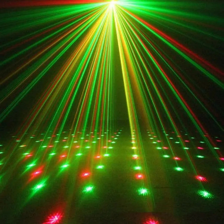 Mini laser projector in black with red and green laser beams, 100m distance, for party and event lighting