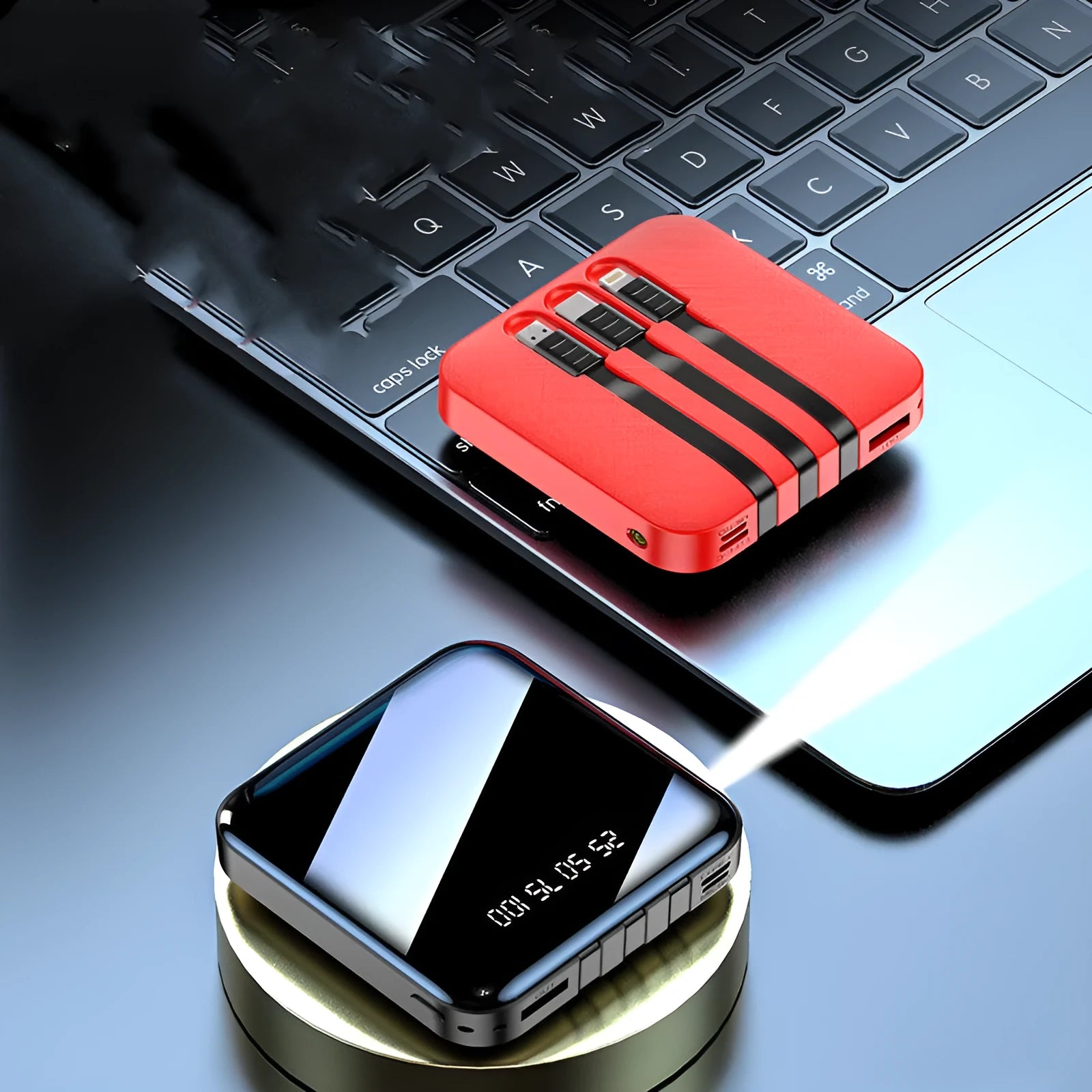 Black and red power banks with data cables showing 10000mAh capacity and 80x80x23mm dimensions