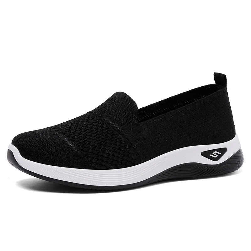 Ladies soft bottom Old Beijing cloth shoes with Flyknit upper, round toe, low heel, shallow mouth – beige colour option