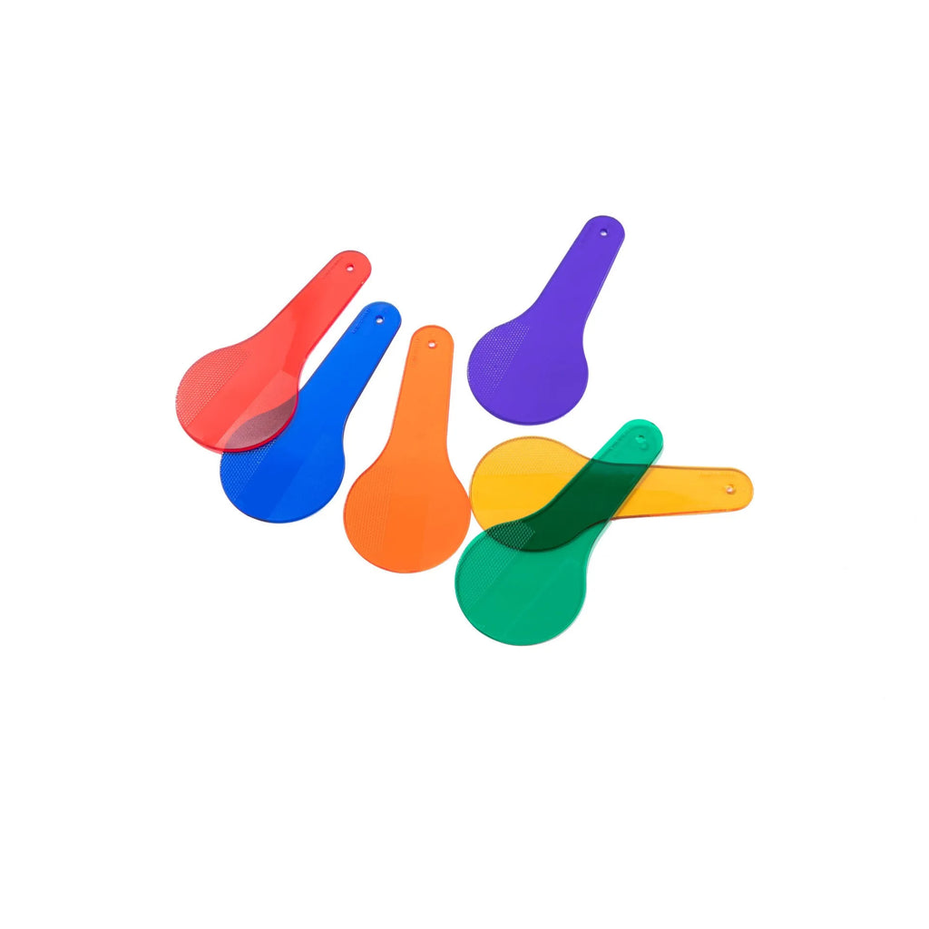 Six PVC colour learning boards in red, yellow, blue, green, orange, and purple