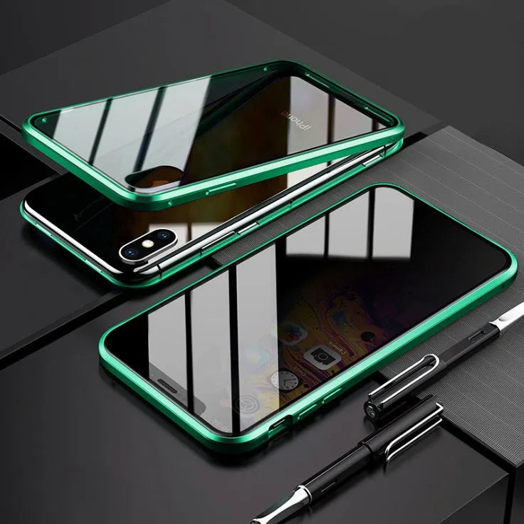 Samsung anti-peeping magnetic phone case in clamshell design with double-sided glass construction